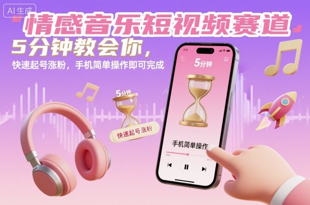 情感音乐短视频赛道，5分钟教会你，快速起号涨粉，手机简单操作即可完成-小鹏项目网
