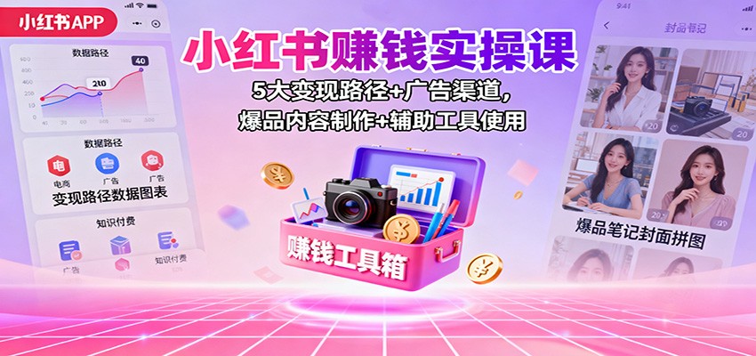 小红书赚钱实操课：5大变现路径+广告渠道，爆品内容制作+辅助工具使用-小鹏项目网