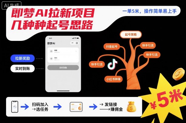 即梦AI拉新项目几种起号思路，一单5米，操作简单易上手-小鹏项目网