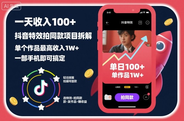 一天收入100+，抖音特效拍同款项目拆解，单个作品最高收入1W+，一部手机即可搞定-小鹏项目网