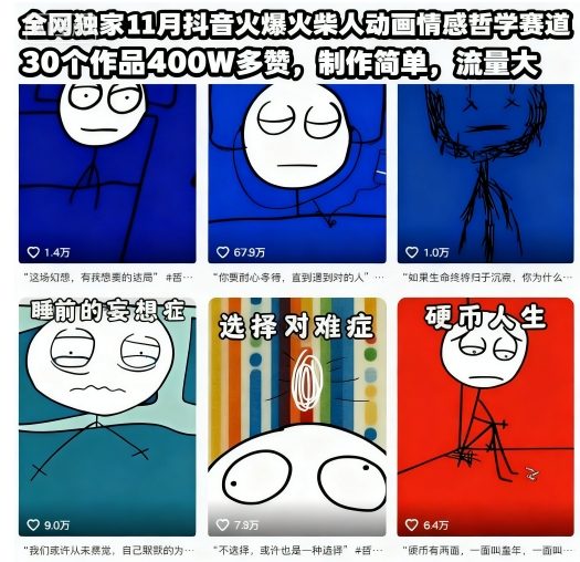 全网独家11月抖音火爆火柴人动画情感哲学赛道，30个作品400W多赞，制作简单，流量大【教学+素材】-小鹏项目网