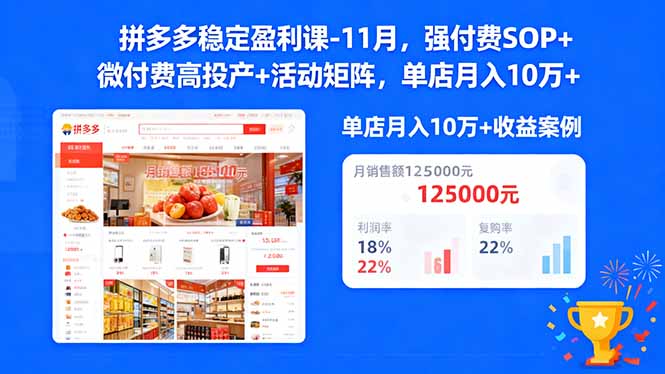 拼多多稳定盈利课-11月，强付费SOP+微付费高投产+活动矩阵，单店月入10w+-小鹏项目网