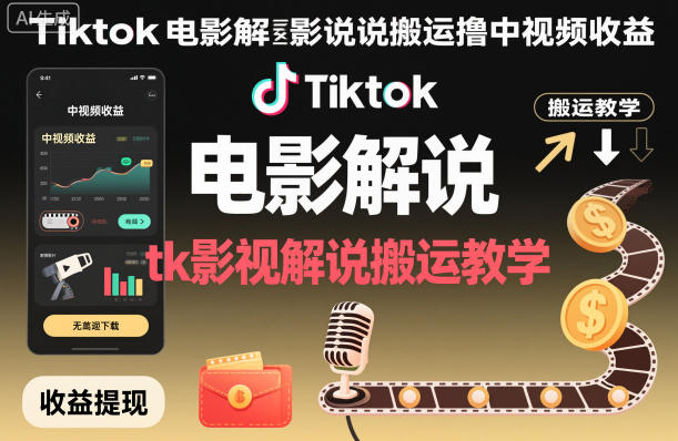 Tiktok电影解说搬运撸中视频收益，tk影视解说搬运教学-小鹏项目网