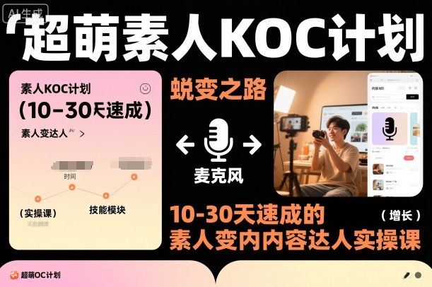 超萌素人KOC计划，10-30天速成的素人变内容达人实操课，适合想做短剧小说推文电商推广的素人入局-小鹏项目网