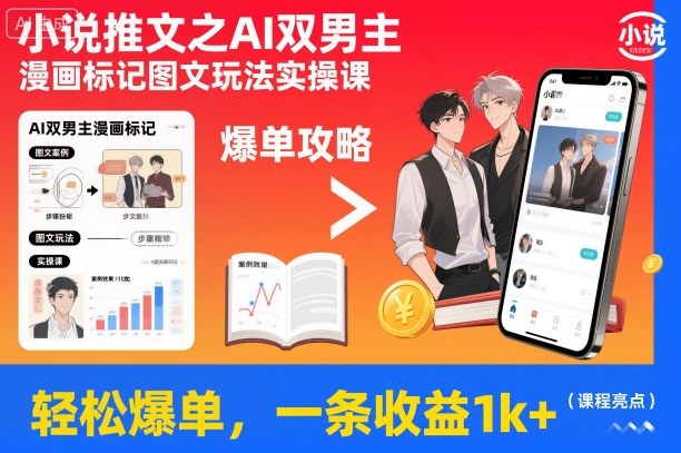 小说推文之AI双男主漫画标记图文玩法实操课，轻松爆单，一条收益1k+-小鹏项目网