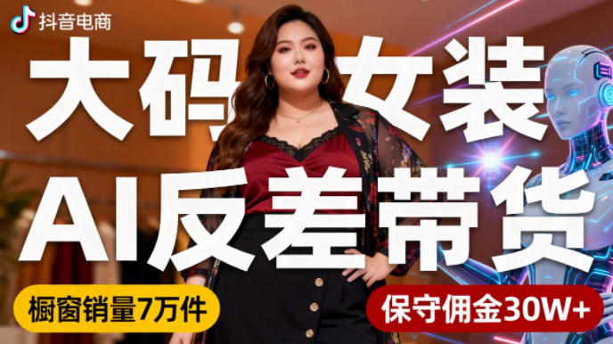 抖音小众赛道，大码女装AI反差带货，不用直播，每天6条作品，橱窗卖7万件，保守佣金30W+-小鹏项目网