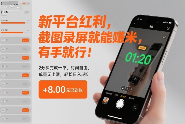 新平台红利，截图录屏就能賺米，有手就行！2分钟完成一单，时间自由，单量无上限，轻松日入5张【揭秘】-小鹏项目网