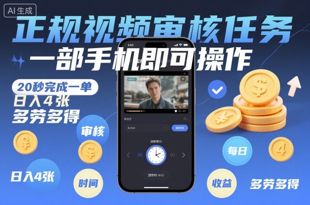 正规视频审核任务，一部手机即可操作，20秒完成一单，日入4张，多劳多得【揭秘】-小鹏项目网