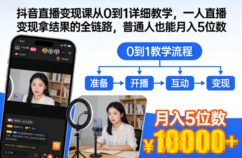 抖音直播变现课从0到1详细教学，一人直播变现拿结果的全链路，普通人也能月入5位数-小鹏项目网