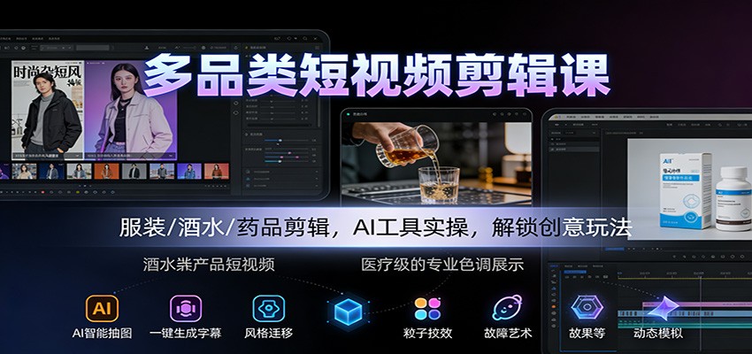 多品类短视频剪辑课：服装/酒水/药品剪辑，AI工具实操，解锁创意玩法-小鹏项目网