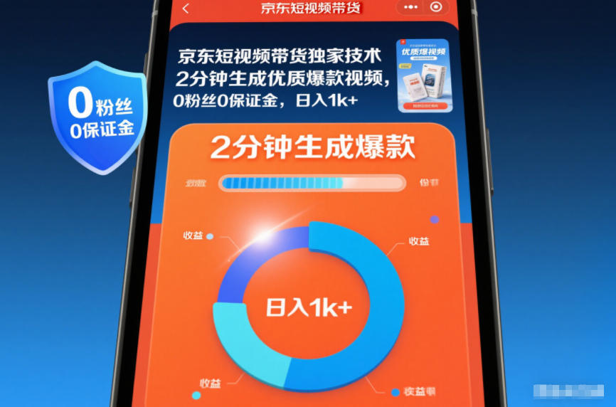 京东短视频带货独家技术，2分钟生成一条优质爆款视频，0粉丝0保证金，日入1k+【揭秘】-小鹏项目网