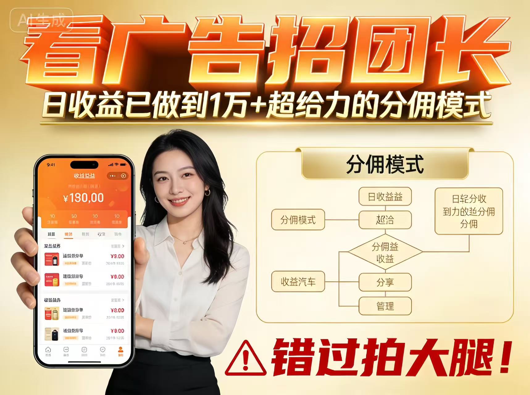 看广告招团长，团队收益已做到日入1万，分佣模式超给力，错过拍大腿-小鹏项目网