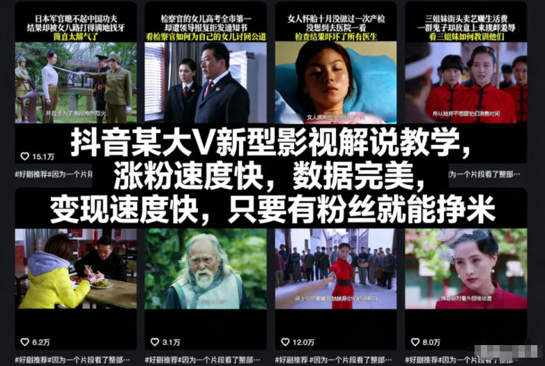 抖音某大V新型影视解说教学，涨粉速度快，数据完美，变现速度快，只要有粉丝就能挣米-小鹏项目网
