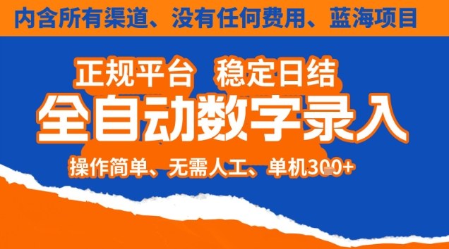 全自动数字录入，单机日入3张+，内含所有渠道全程免费零成本，操作简单可矩阵开干【揭秘】-小鹏项目网