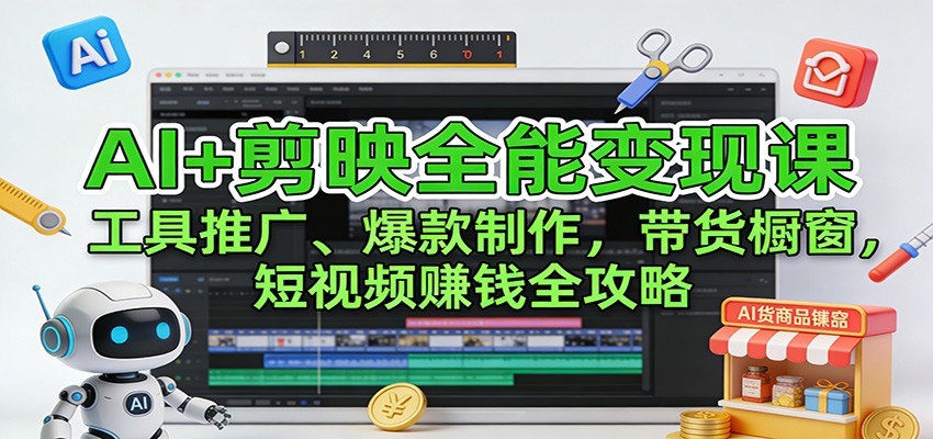 AI+剪映全能变现课：工具推广、爆款制作、带货橱窗，短视频赚钱全攻略-小鹏项目网