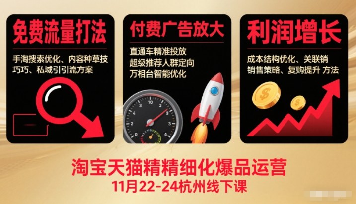 淘宝天猫精细化爆品运营11月22-24杭州线下课，免费流量打法+付费广告放大+利润增长(音频+文档)-小鹏项目网