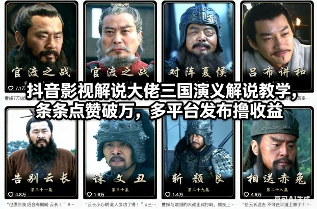 抖音影视解说大佬三国演义解说教学，条条点赞破万，多平台发布撸收益-小鹏项目网