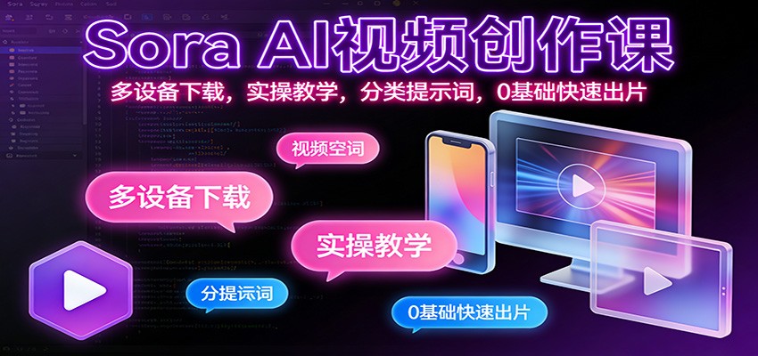 Sora AI视频创作课：多设备下载，实操教学，分类提示词，0基础快速出片-小鹏项目网