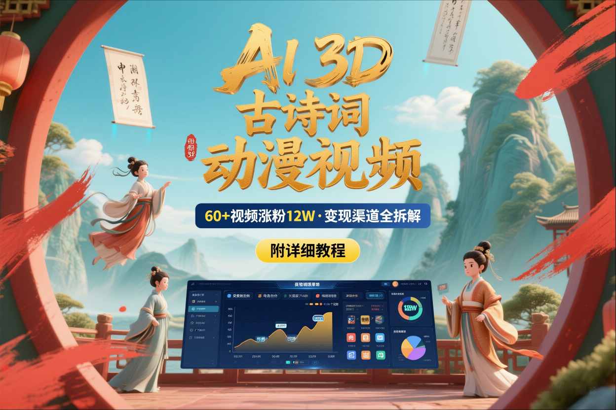 AI制作3D古诗词动漫视频，60多个视频涨粉12W，多个变现渠道拆解【附详细教程】-小鹏项目网