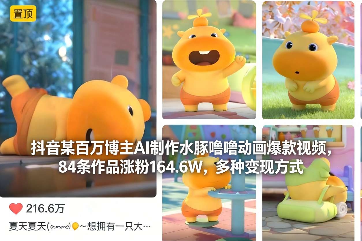 抖音某百万博主AI制作水豚噜噜动画爆款视频，84条作品涨粉164.6W，多种变现方式-小鹏项目网