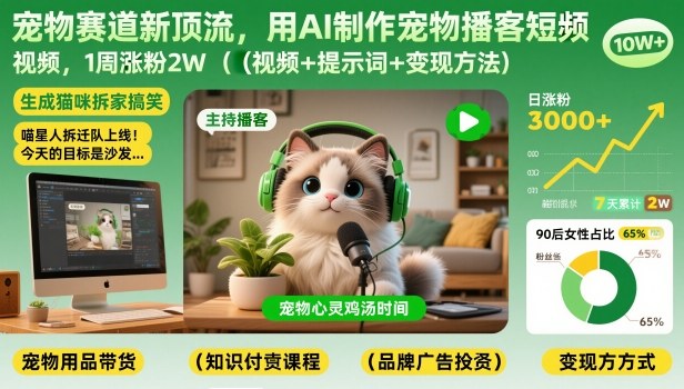宠物赛道新顶流，用AI制作宠物播客短视频，1周涨粉2W(视频+提示词+变现方法)-小鹏项目网