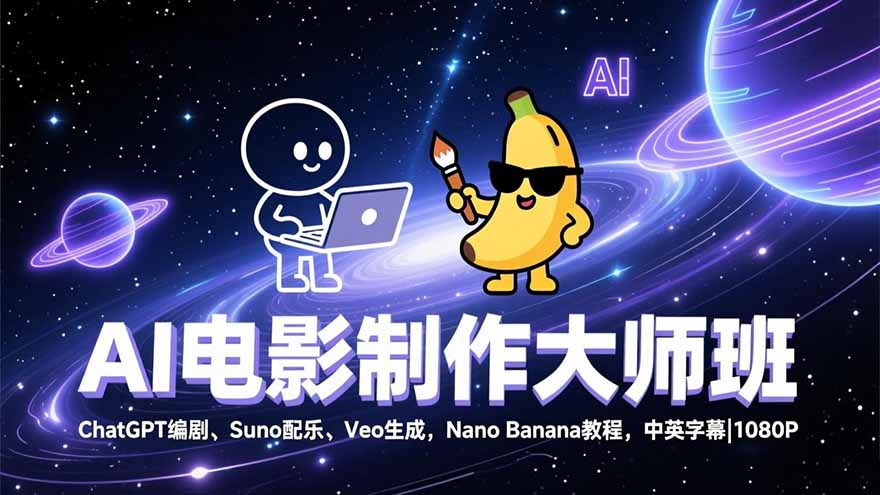 AI电影制作大师班：ChatGPT编剧、Suno配乐、Veo生成，Nano Banana教程，中英字幕|1080P-小鹏项目网