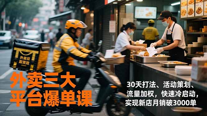 外卖三大平台爆单课，30天打法、活动策划、流量加权，快速冷启动，实现新店月销破3000单-小鹏项目网