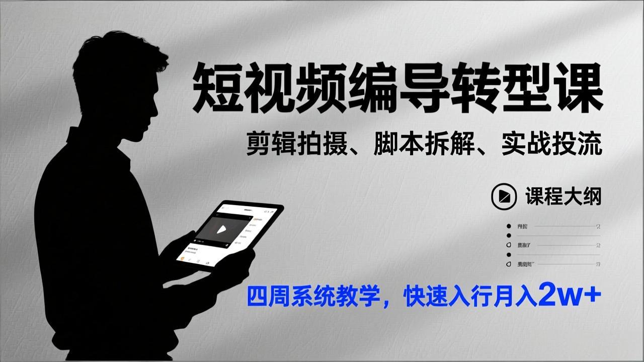 短视频编导转型课，剪辑拍摄、脚本拆解、实战投流，四周系统教学，快速入行月入2w+-小鹏项目网
