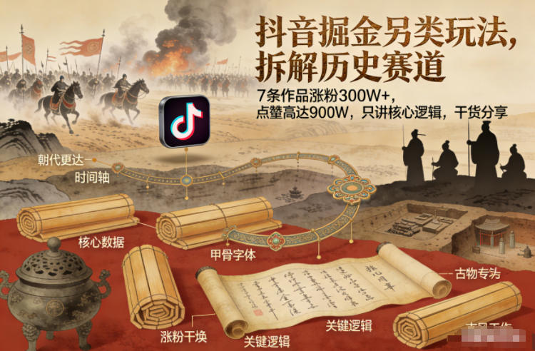 抖音掘金另类玩法，拆解历史赛道，7条作品涨粉300W+，点赞量高达900W，只讲核心逻辑，干货分享-小鹏项目网