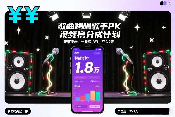 歌曲翻唱歌手PK视频撸分成计划，自带流量，一天两小时，日入2张-小鹏项目网