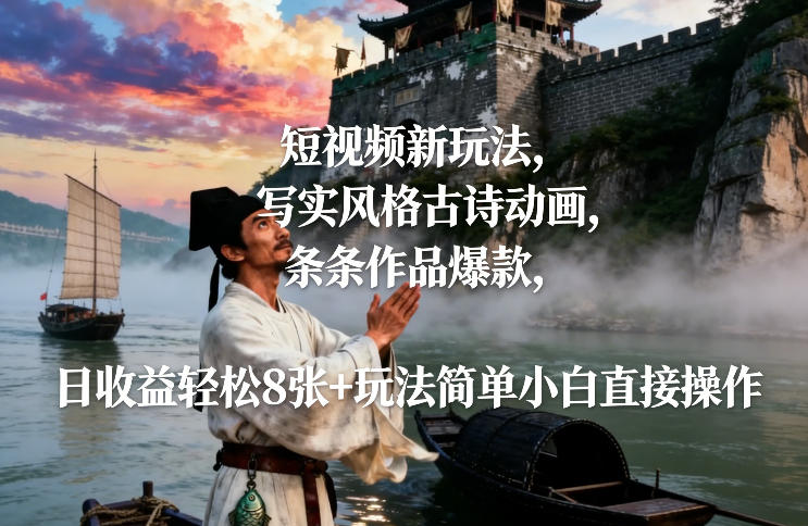 短视频新玩法，写实风格古诗动画，条条作品爆款，日收益轻松8张+玩法简单小白直接操作-小鹏项目网