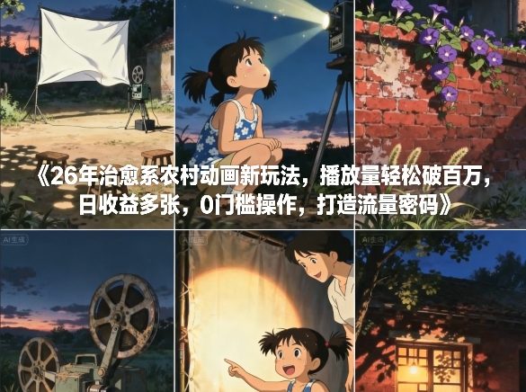 26年治愈系农村动画新玩法，播放量轻松破百万，日收益多张，0门槛操作，打造流量密码-小鹏项目网
