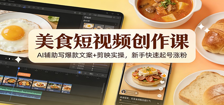 美食短视频创作课：AI辅助写爆款文案+剪映实操，新手快速起号涨粉-小鹏项目网