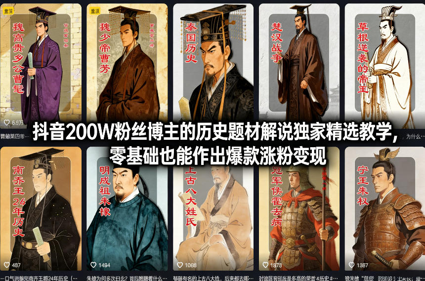 抖音200W粉丝博主的历史题材解说独家精选教学，零基础也能作出爆款涨粉变现-小鹏项目网