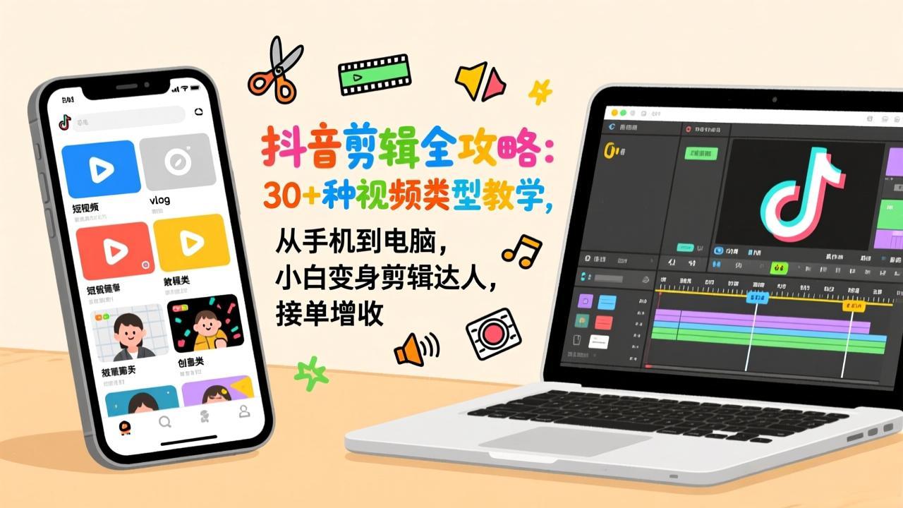 抖音剪辑全攻略：30+种视频类型教学，从手机到电脑，小白变身剪辑达人，接单增收-小鹏项目网