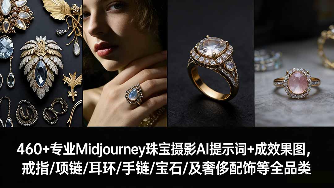 460+专业Midjourney珠宝摄影AI提示词+成效果图，戒指/项链/耳环/手链/宝石/及奢侈配饰等全品类-小鹏项目网