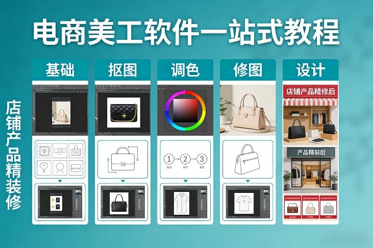 电商美工软件一站式教程，基础/抠图/调色/修图/设计，店铺产品精装修-小鹏项目网