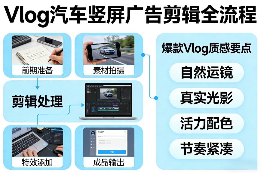 Vlog感觉汽车竖屏广告剪辑脚本全流程，拿捏爆款Vlog质感-小鹏项目网