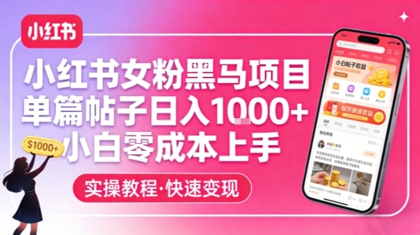 小红书女粉黑马项目，单篇帖子日入1k+，小白零成本上手-小鹏项目网