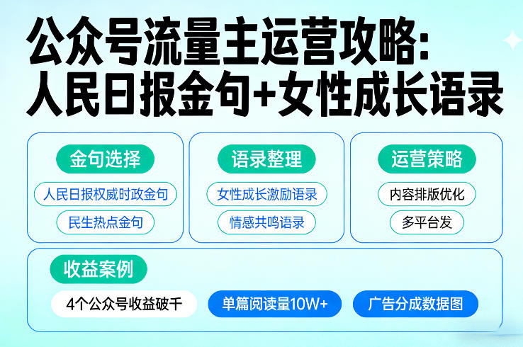 利用人民日报金句+女性成长语录做公众号流量主，4个公众号收益破千-小鹏项目网