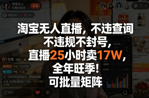 淘宝无人直播，不违规不封号，直播25小时卖17W，全年旺季！可批量矩阵【揭秘】-小鹏项目网