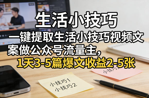 一键提取生活小技巧视频文案做公众号流量主，1天3-5篇爆文收益2-5张-小鹏项目网