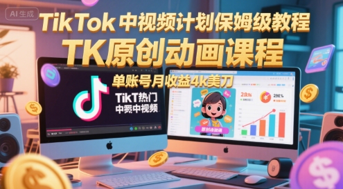 TikTok中视频计划保姆级教程，TK原创动画课程，单账号月收益4k美刀-小鹏项目网