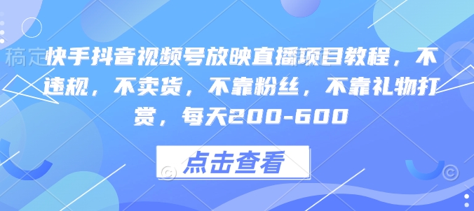 快手抖音视频号放映直播项目教程，不违规，不卖货，不靠粉丝，不靠礼物打赏，每天200-600-小鹏项目网