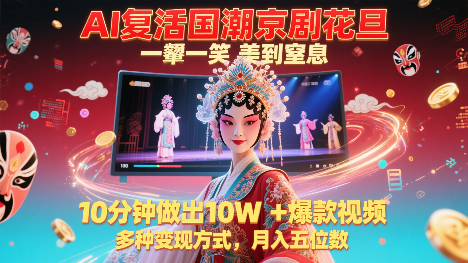 AI复活国潮京剧花旦，一颦一笑美到窒息，10分钟做出10W+爆款视频，多种变现方式-小鹏项目网