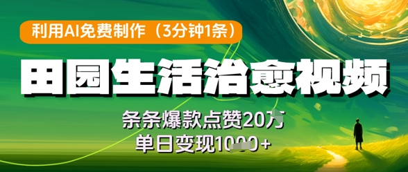 利用AI免费制作田园生活治愈视频，条条爆款点赞20W，单日变现几张-小鹏项目网