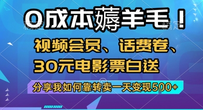 0成本薅羊毛!视频会员、话费卷、30元电影票白送，分享我如何靠转卖一天变现5张+【揭秘】-小鹏项目网