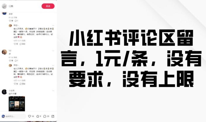 小红书评论区留言，1元条，没有要求，没有上限-小鹏项目网