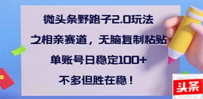 微头条野路子2.0玩法之相亲赛道，无脑搬砖复制粘贴，单账号日稳定300+…-小鹏项目网