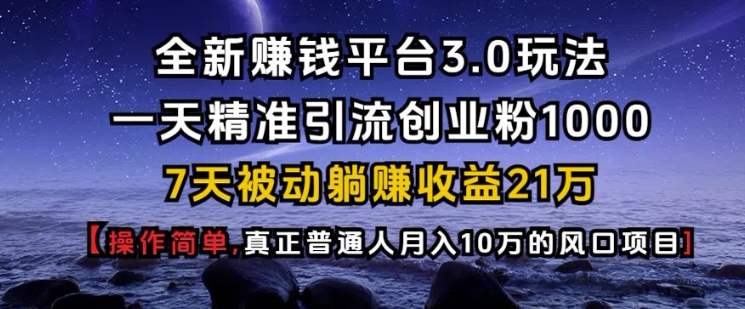 全新赚钱平台3.0玩法一天精准引流创业粉1000.7天被动躺Z收益21W【仅揭秘】-小鹏项目网